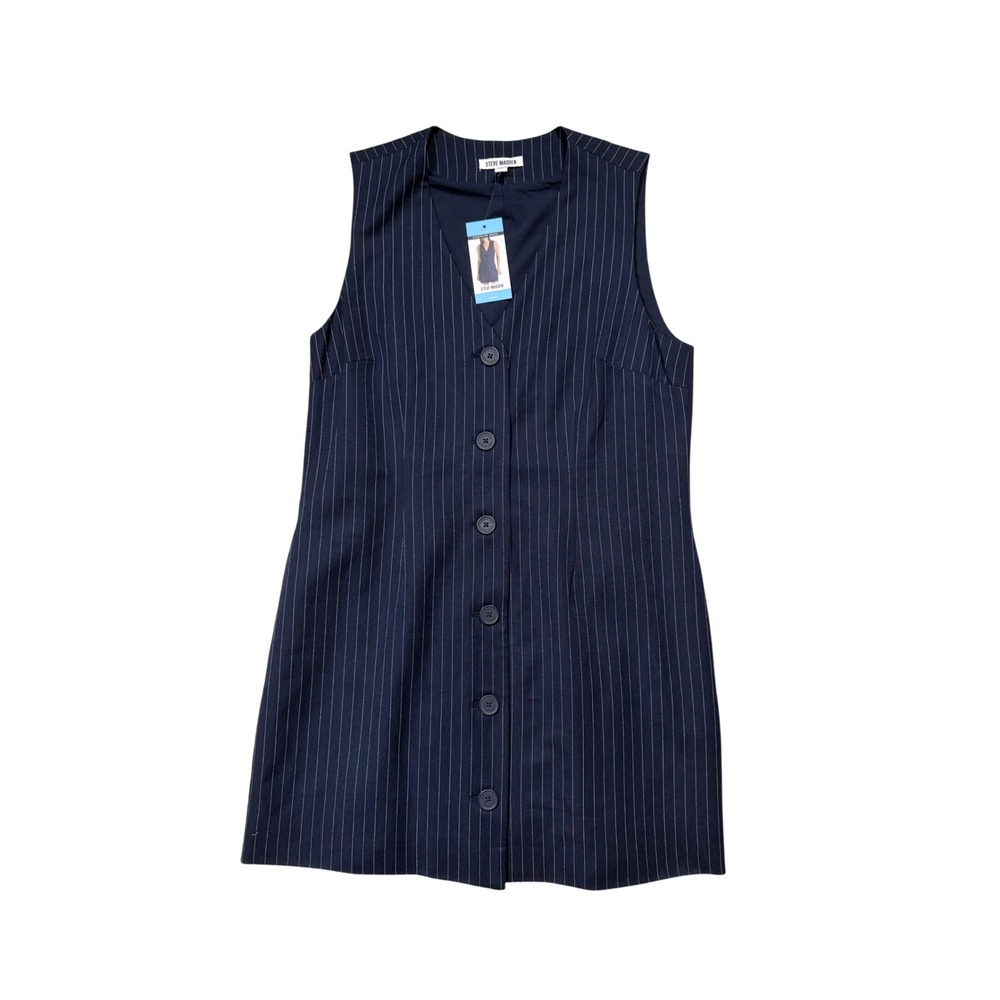 Steve Madden Pinstripe‎ Sleeveless Mini Dress Navy Button Front Career NWT